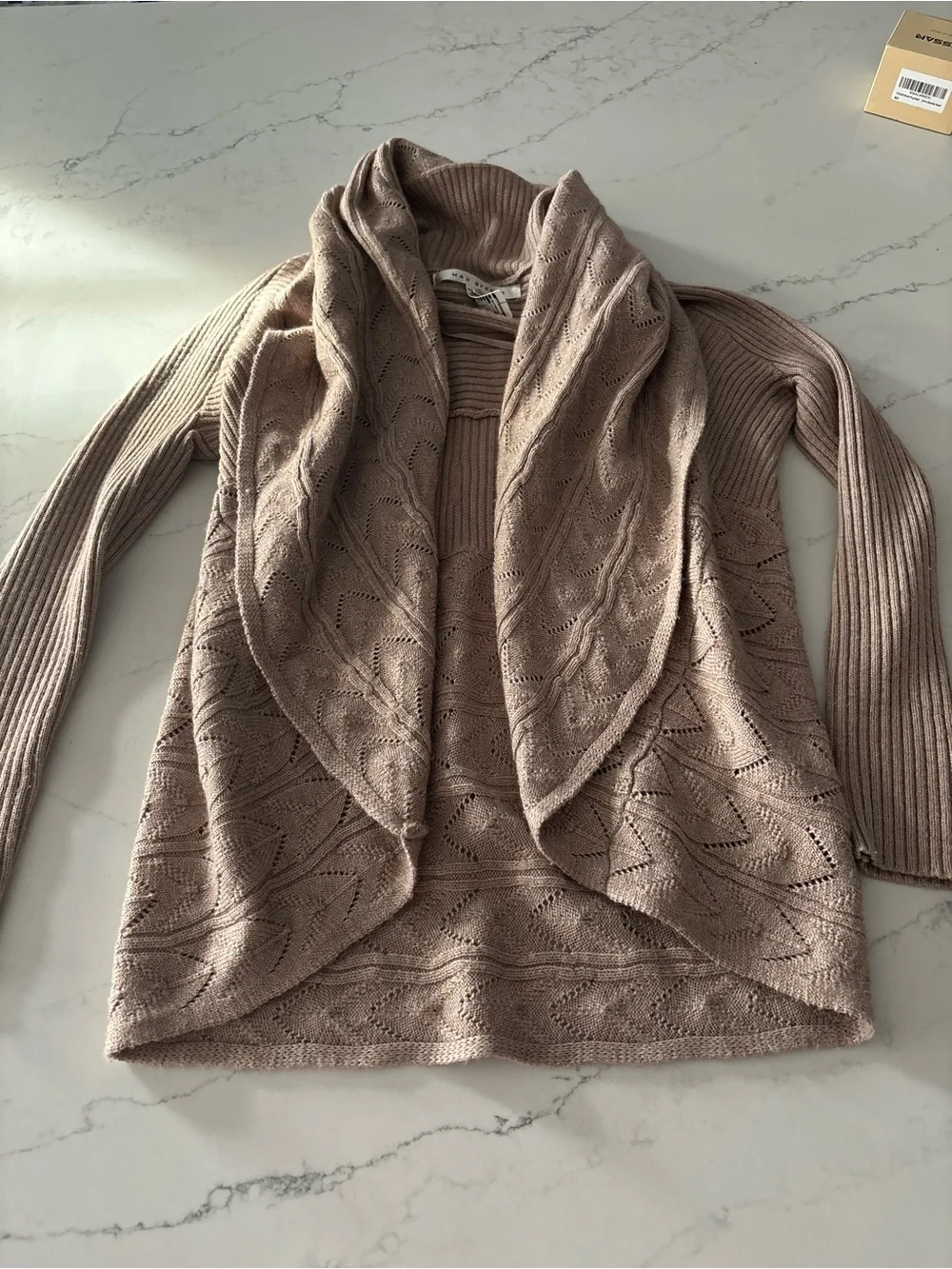 Max Studio Taupe Open-Front Cable Knit Cardigan - Picture 2 of 6